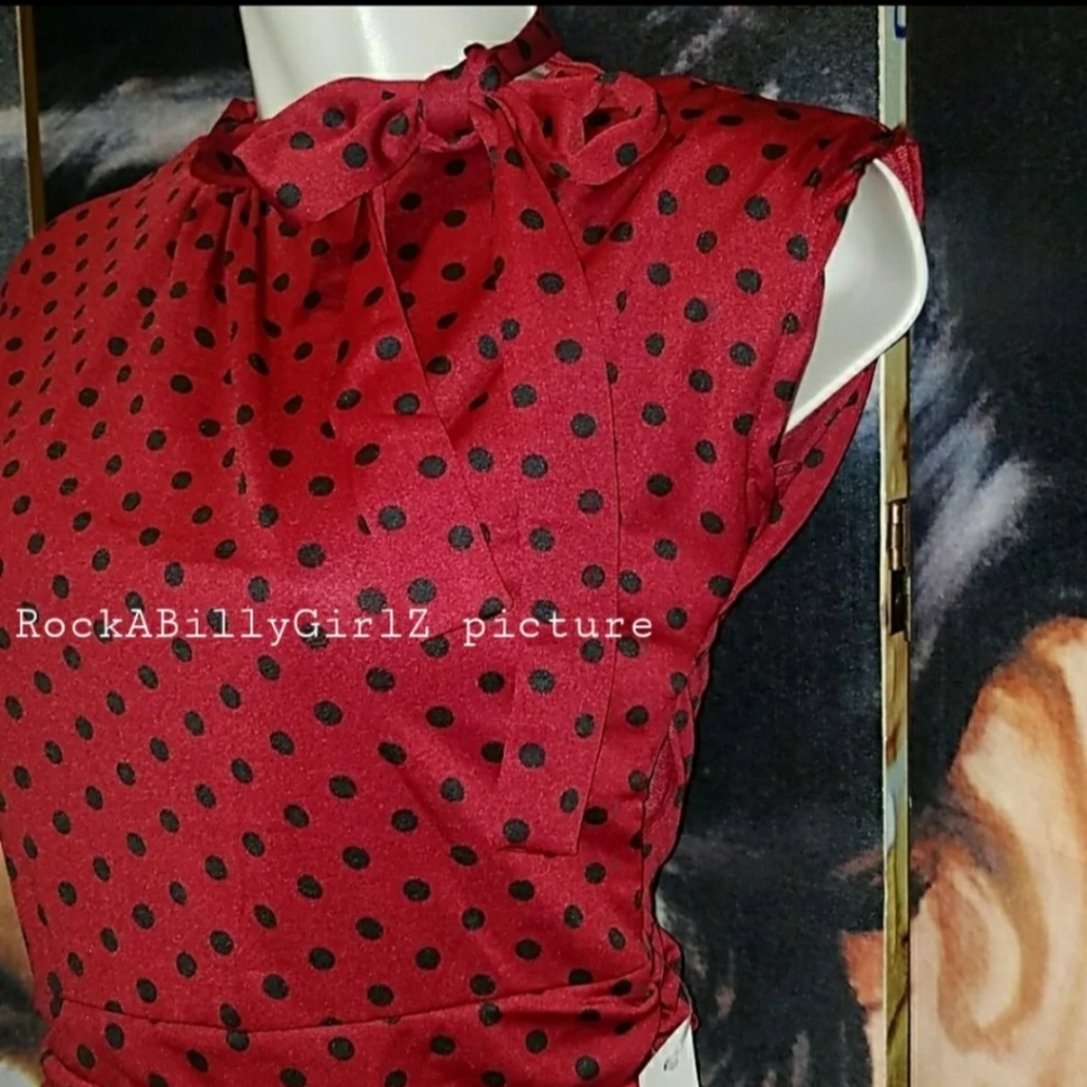 Lindy Bop Dottie Retro 1940's Red w Black Polka Dots Tea Dress w Tied Bow Collar - Picture 3 of 8